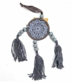Must Love Party Boho Mini Grey Crocheted Dream Catcher With Tassels & Clay Beads - 6cm
