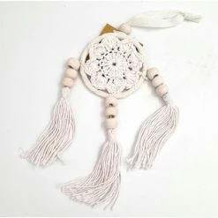 Must Love Party Boho Mini White Crocheted Dream Catcher With Tassels & Clay Beads - 6cm